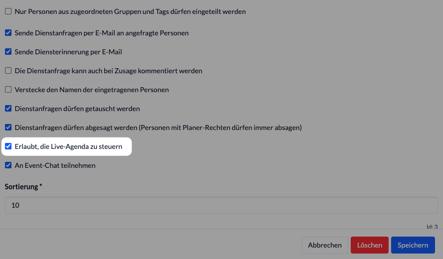 Screenshot Checkbox "Erlaubt, die Live-Agenda zu steuern" in Dienst bearbeiten