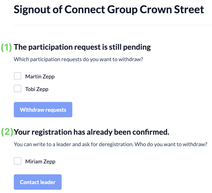 Screenshot Groups unsubscribe or withdraw registration