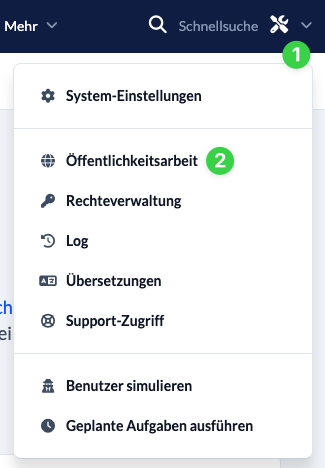 Verwalten-Menü Option Öffentlichkeitsarbeit