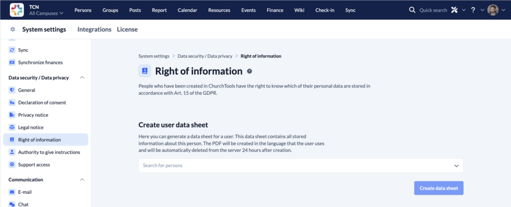 System settings - Data security Data privacy - Right of information