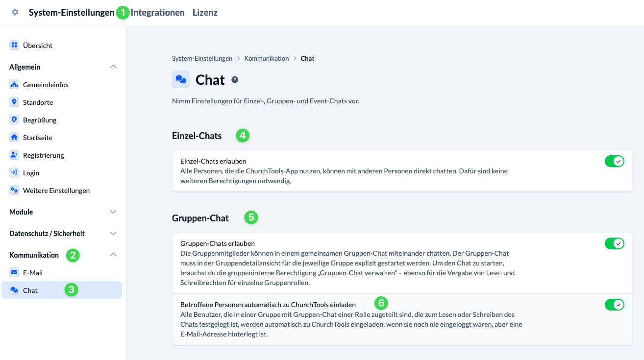 Screenshot System-Einstellungen für Einzel- und Gruppen-Chats