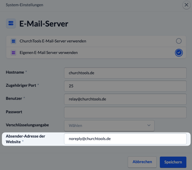 Screenshot Absender-Adresse der Website bei Verwendung eines eigenen E-Mail-Servers