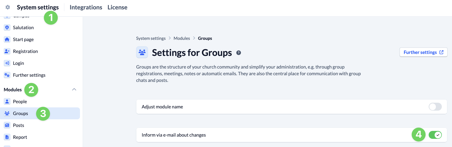 System settings - System e-mail for all groups