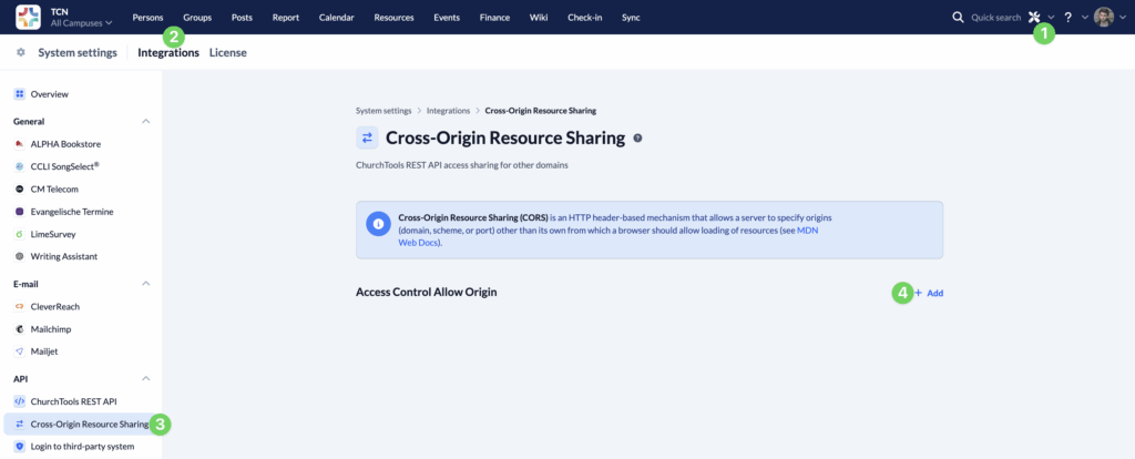System settings - Integration - Cross-Origin Ressource Sharing