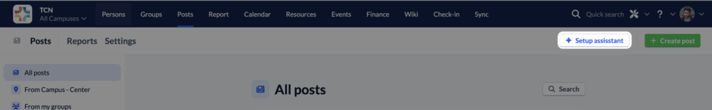 Screenshot Posts settings Setup assistant