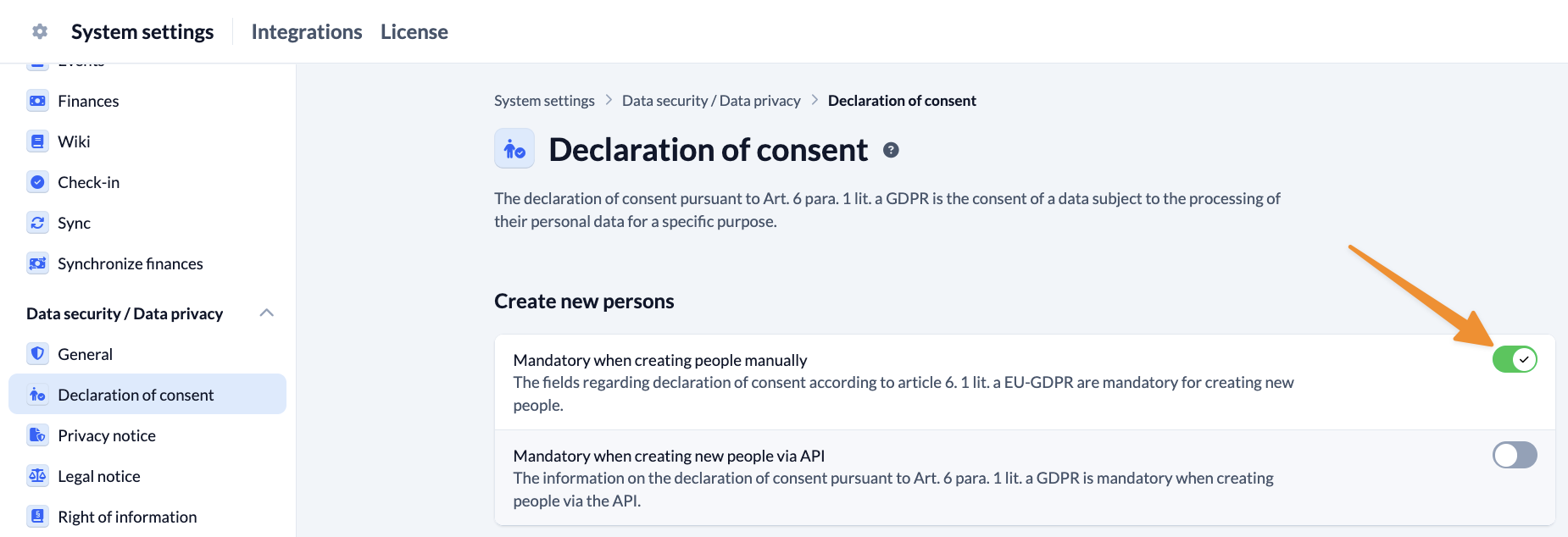 System settings - Data security Data privacy - Declaration of consent