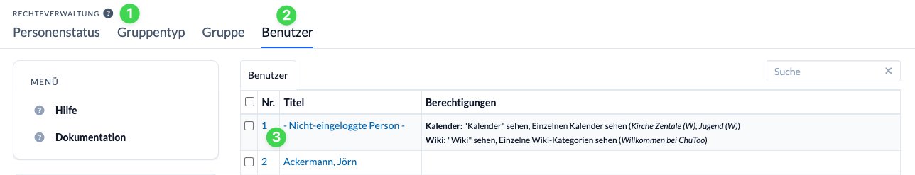 Screenshot Nicht-eingeloggte Person in der Rechteverwaltung
