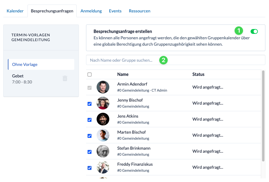 Screenshot Personen für eine Besprechung anfragen