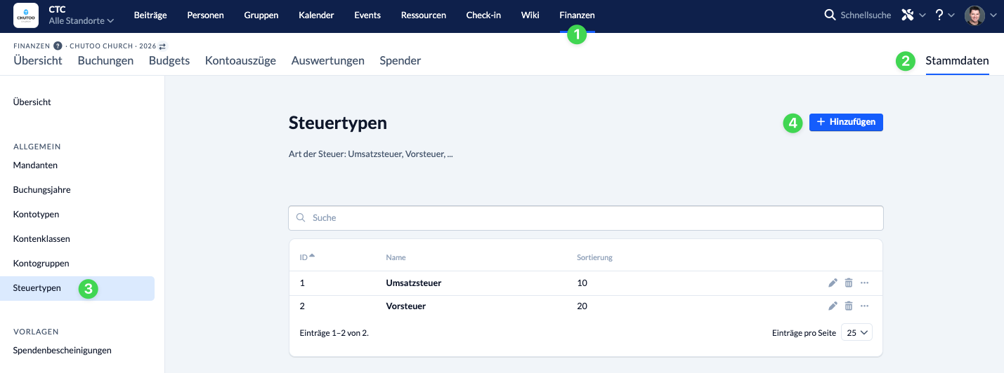 Screenshot: Steuertypen in den Stammdaten