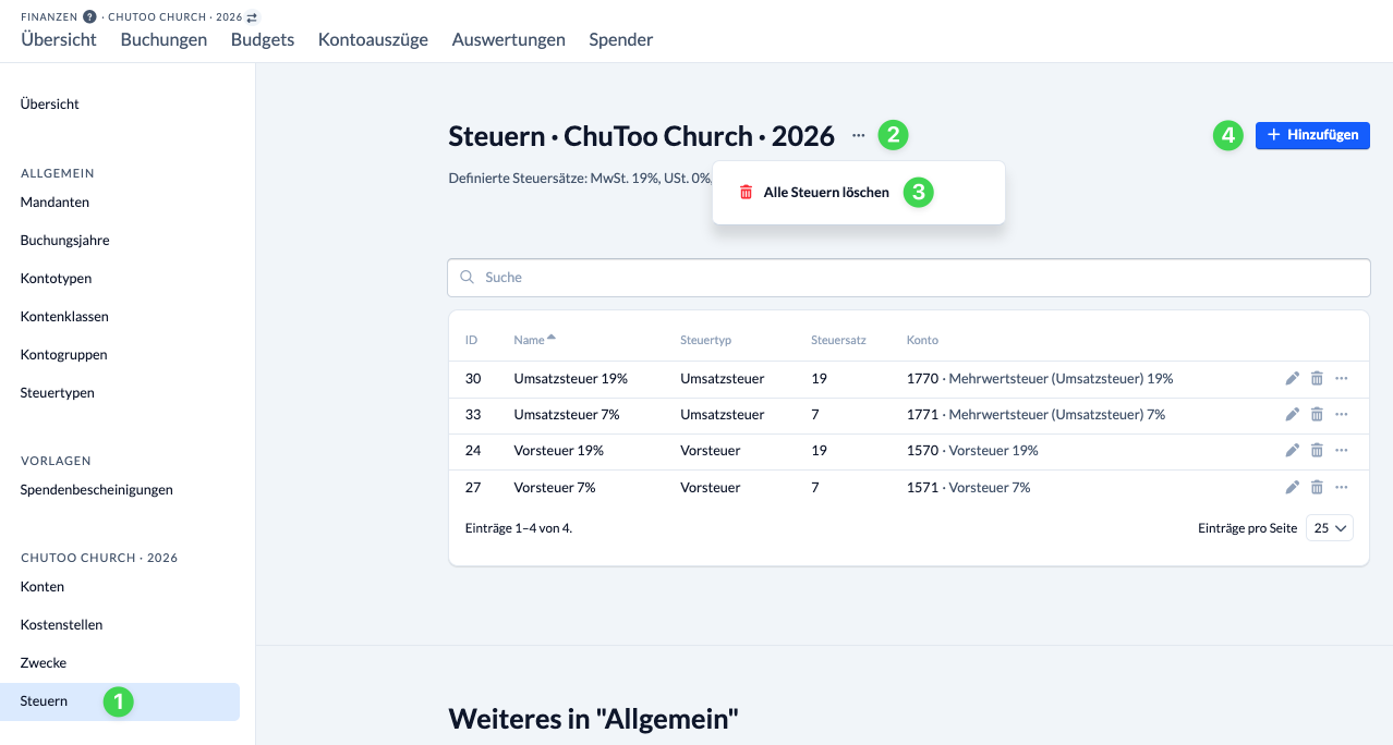 Screenshot: Steuern in den Stammdaten