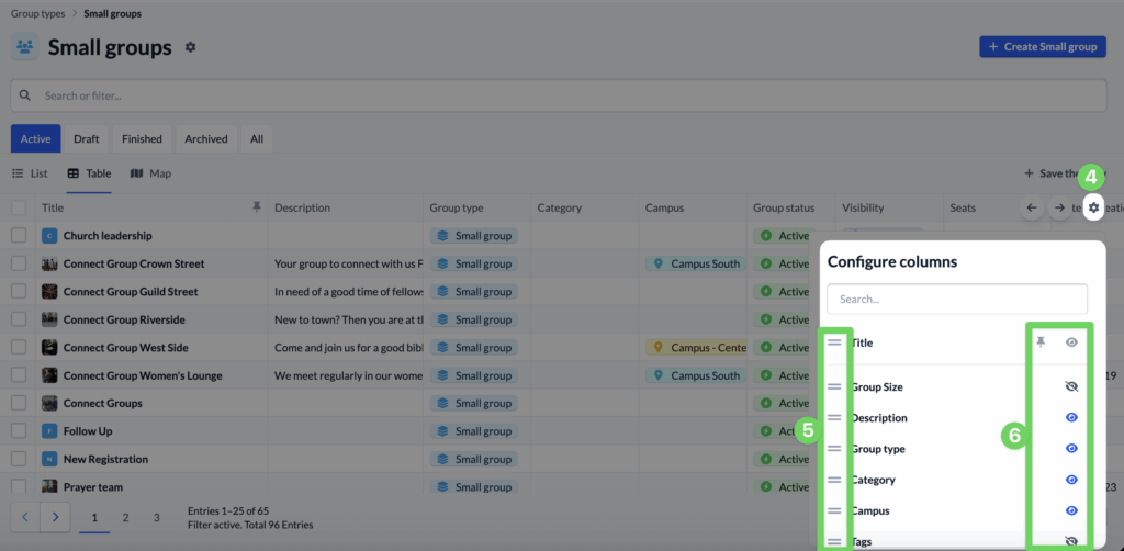 Configuring columns in a group list