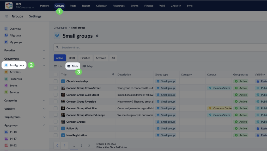 Screenshot table view of open a group type