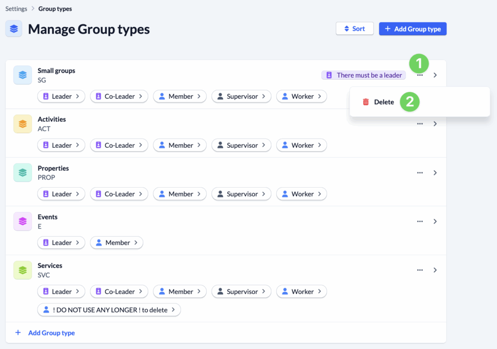Groups - Manage Group types - delete a group type