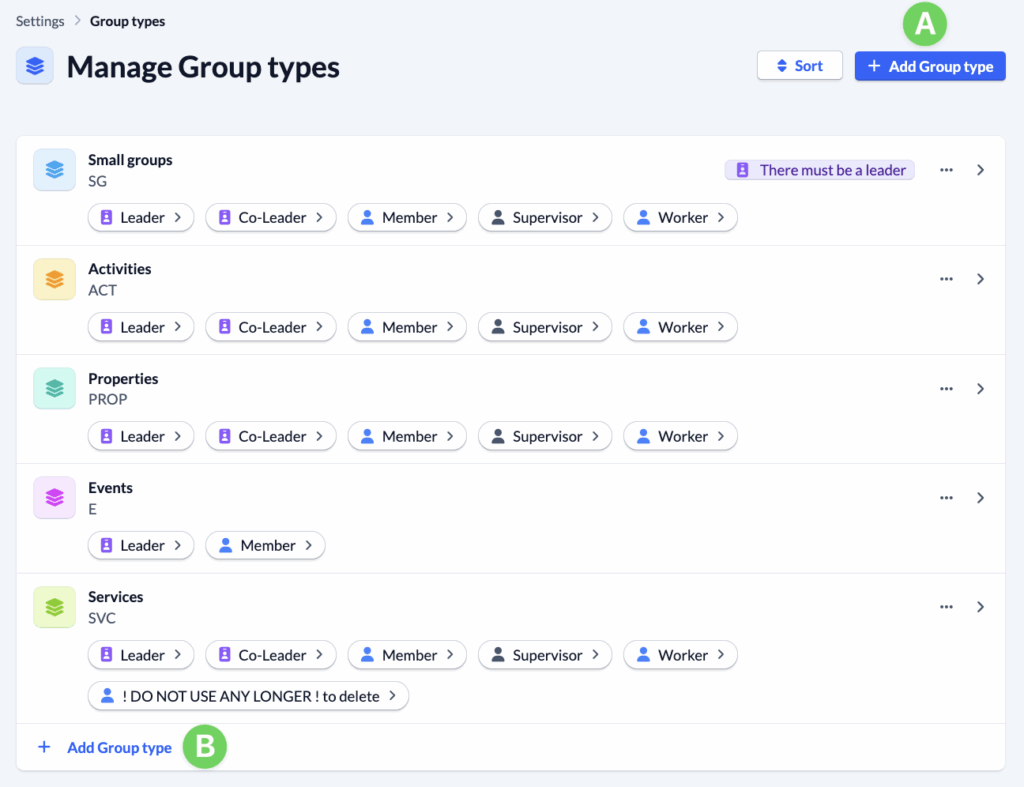 Groups - Settings - Manage Group types - Add Group type
