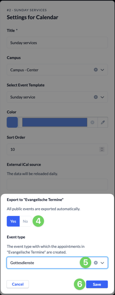 Calendar - Church calendar - Settings for Calendar - Export to