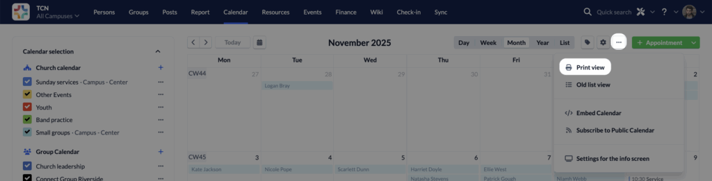 Calendar Print view