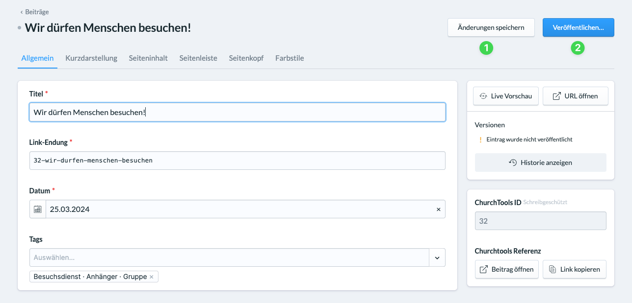 Screenshot "Änderungen an einem Inhalt speichern und veröffentlichen", Inhalt öffnen, rechts oben Button "Änderungen speichern" (1) und rechts daneben Button "Veröffentlichen" (2)