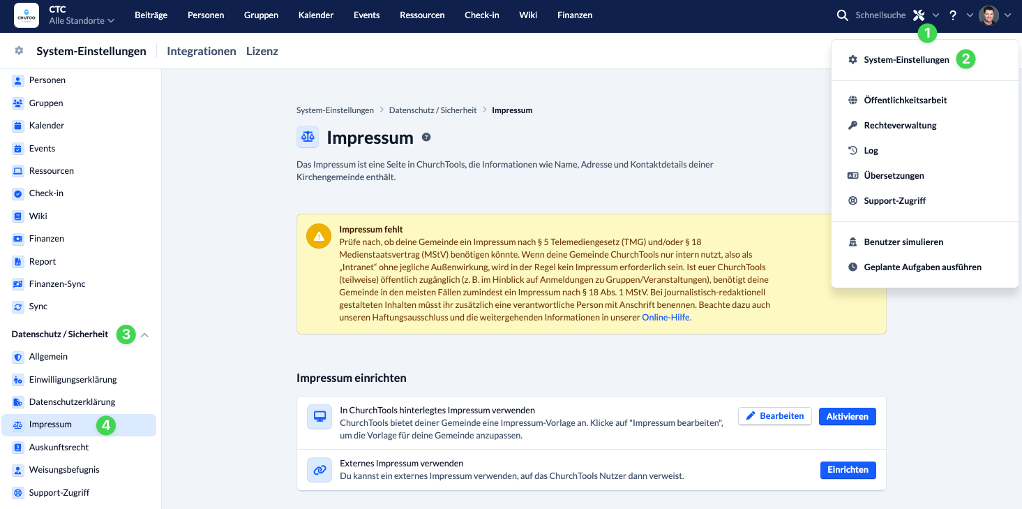 Screenshot Impressum in den System-Einstellungen unter Datenschutz/Sicherheit aufrufen