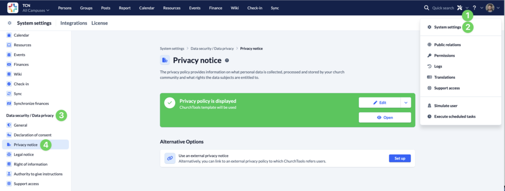 System settings - Data security Data privacy - Privacy notice