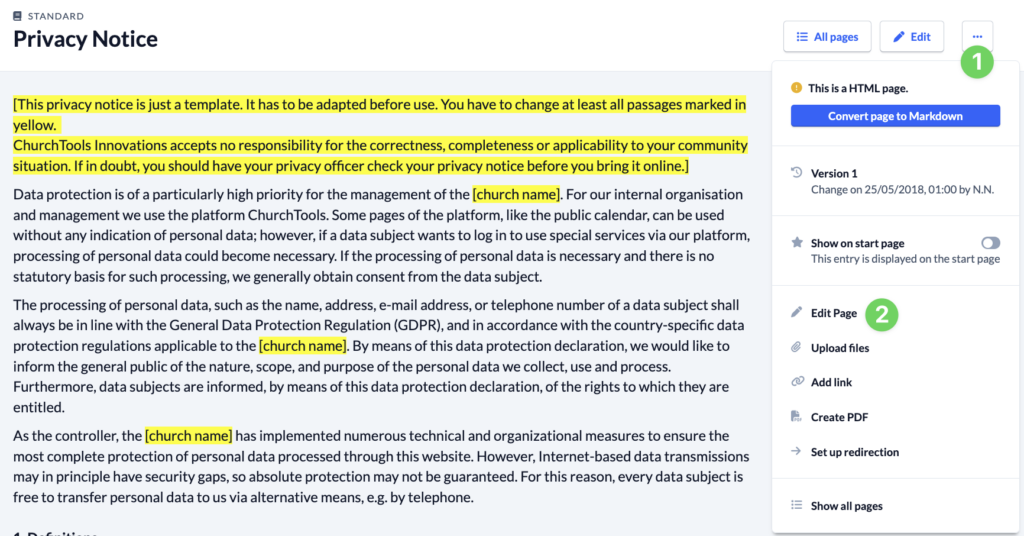 System settings - Data security Data privacy - Privacy notice - Edit