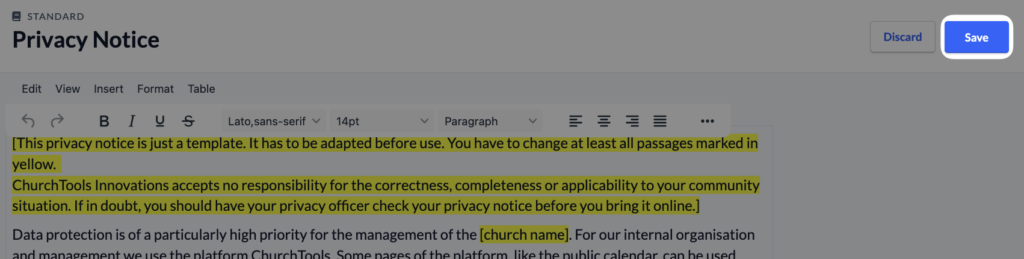 System settings - Data security Data privacy - Privacy notice - Save