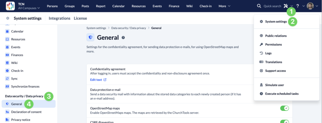 System settings - Data security privacy - General