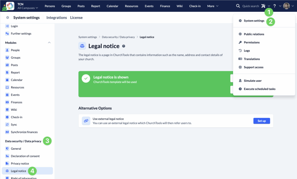 System settings - Data security - Legal notice