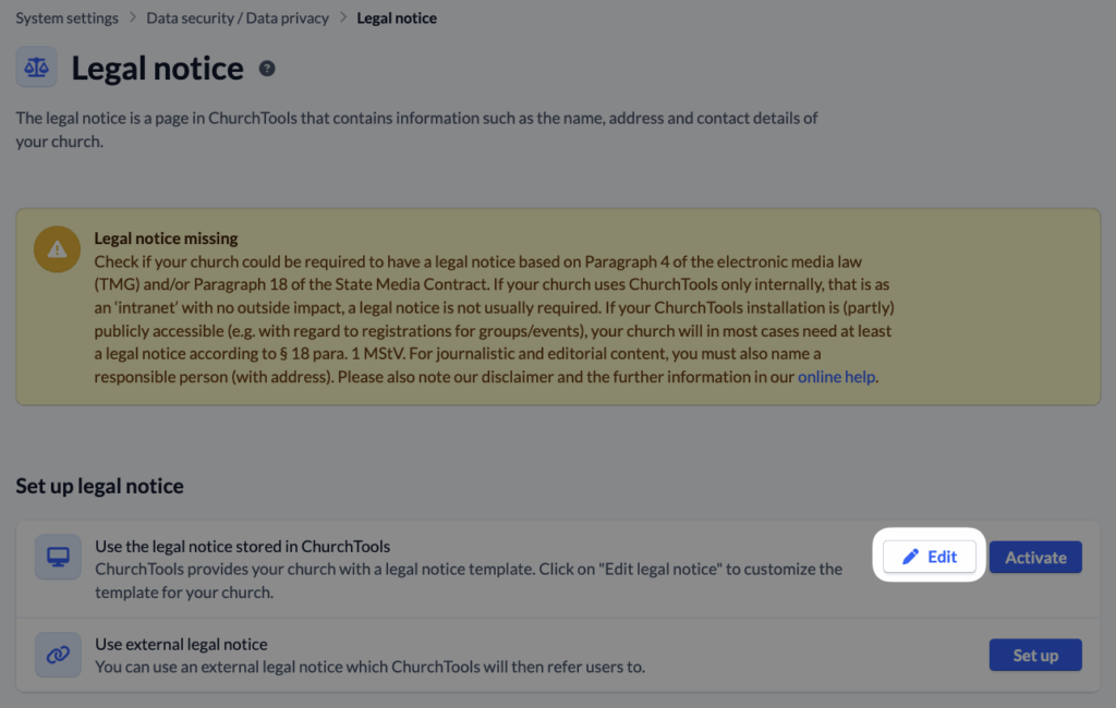 System settings - Data security - Legal notice - Edit