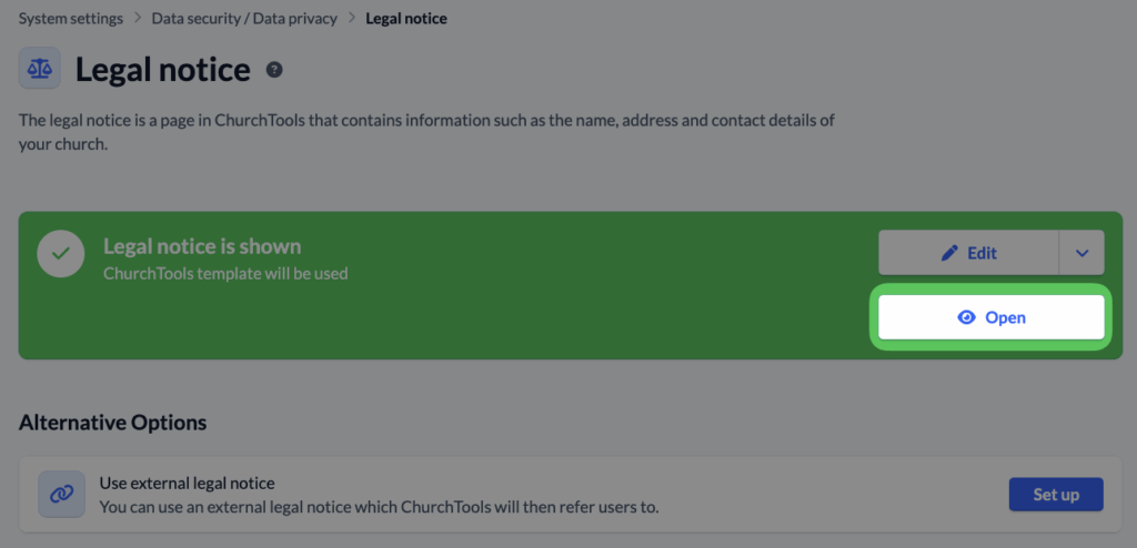 System settings - Data security - Legal notice - Open
