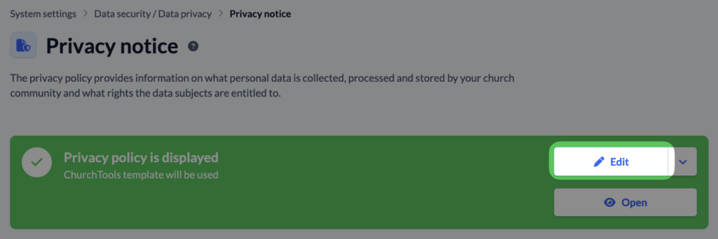 System settings - Data securoita Data privacy - Edit Privacy notice