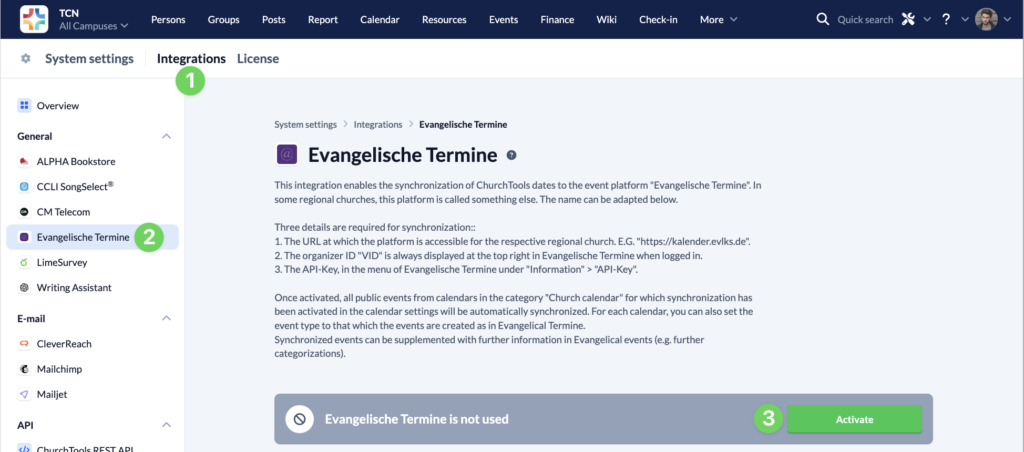 System settings - Integration - Evangelische Termine
