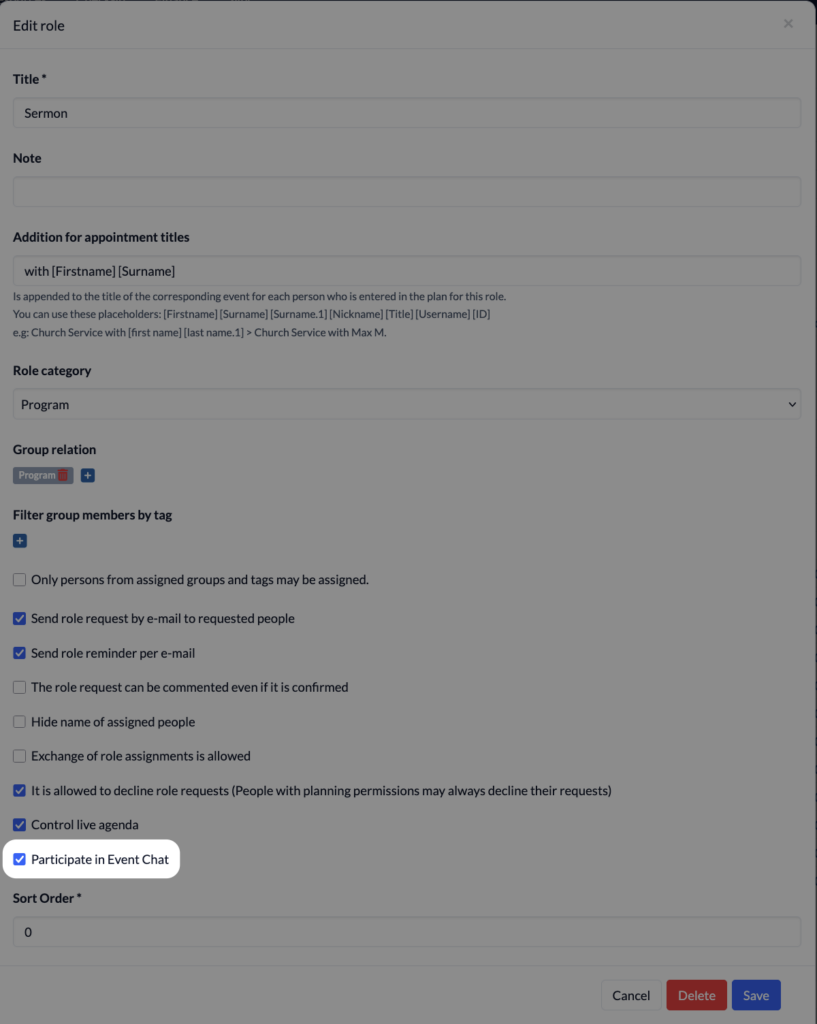 Screenshot Events Master data Edit role Sermon