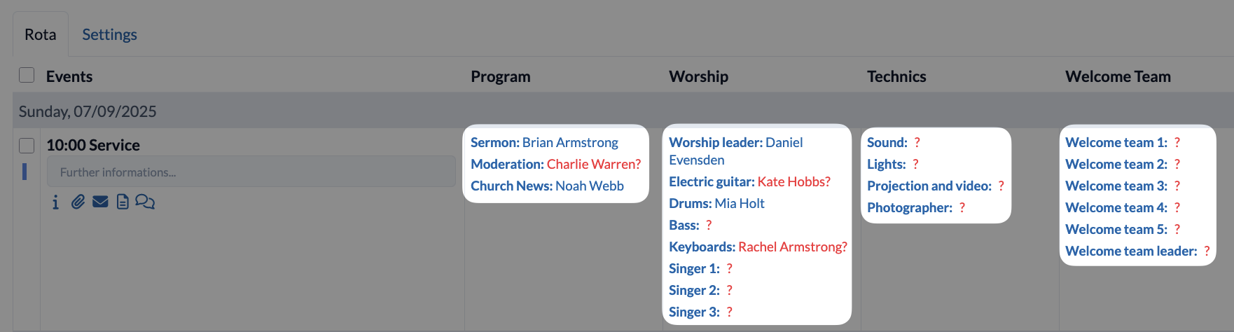 Events -> Rota -> Rota categories -> Ministries