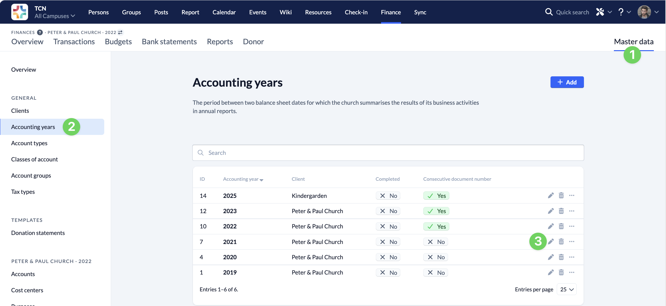 Screenshot Finances Master data Accounting years