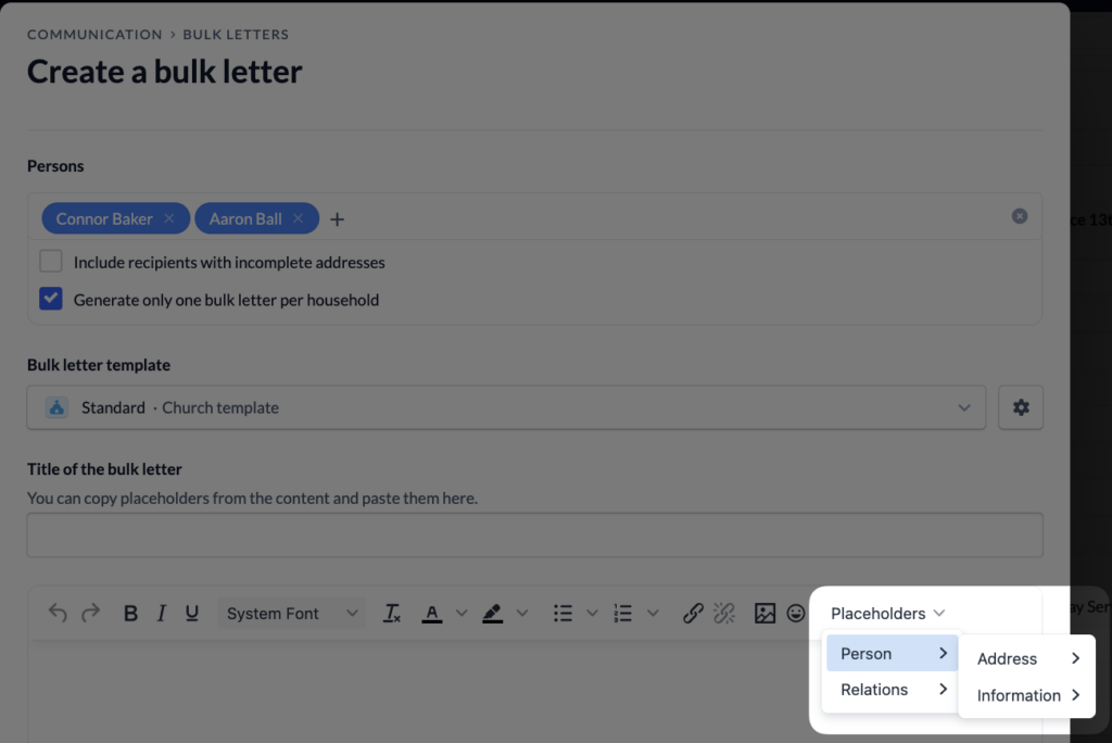 Screenshot Persons Contact Create a bulk letter