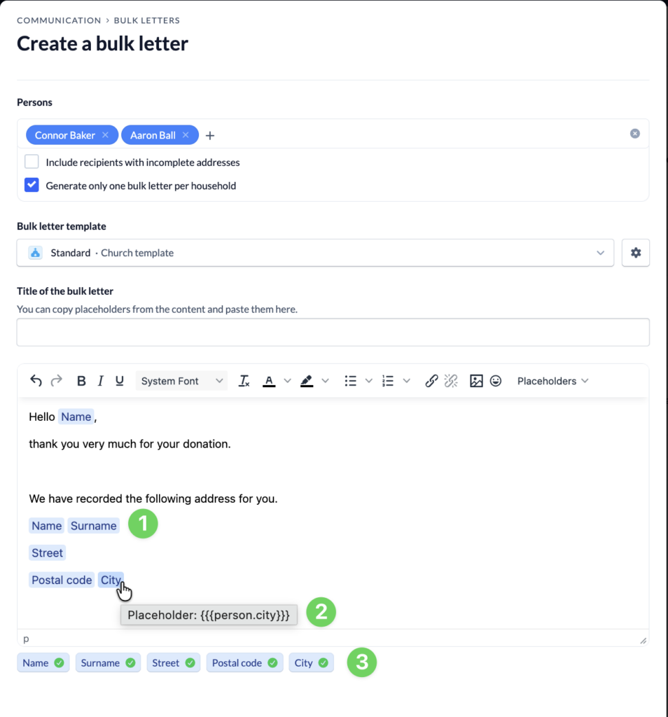 Screenshot Persons Contact Create a bulk letter Placeholder