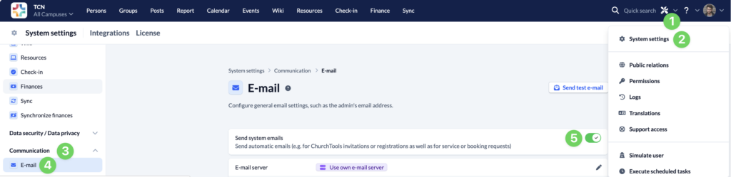 Screenshot System settings Communication E-mail