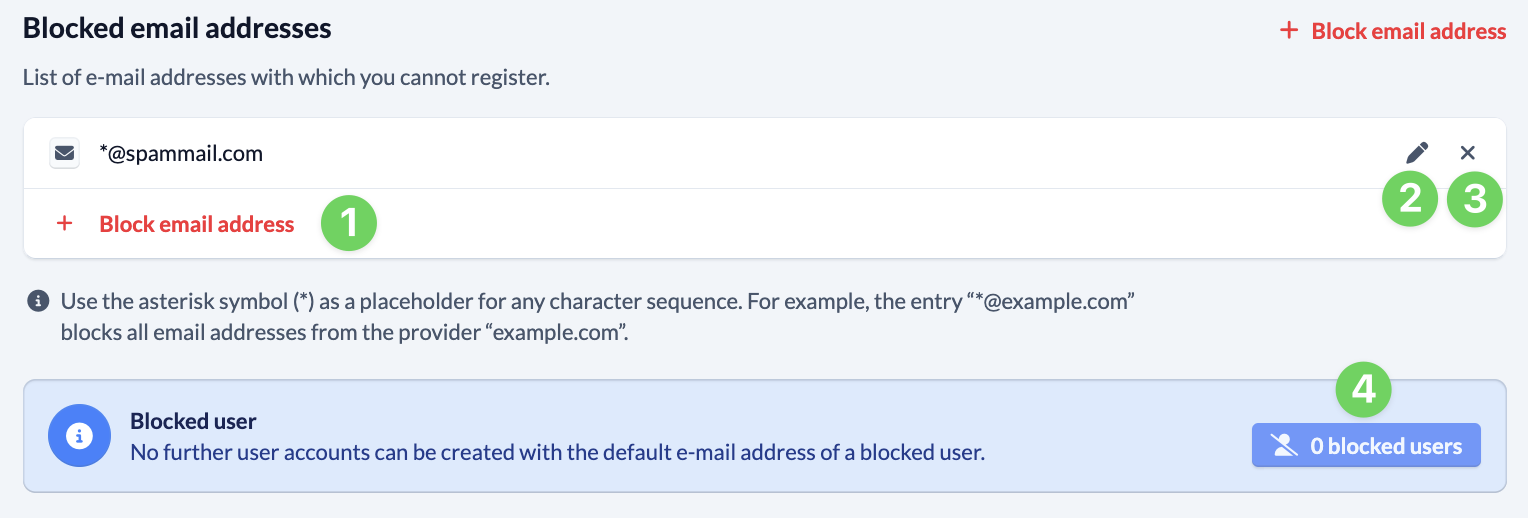 System settings - Registration - Blockes email addresses