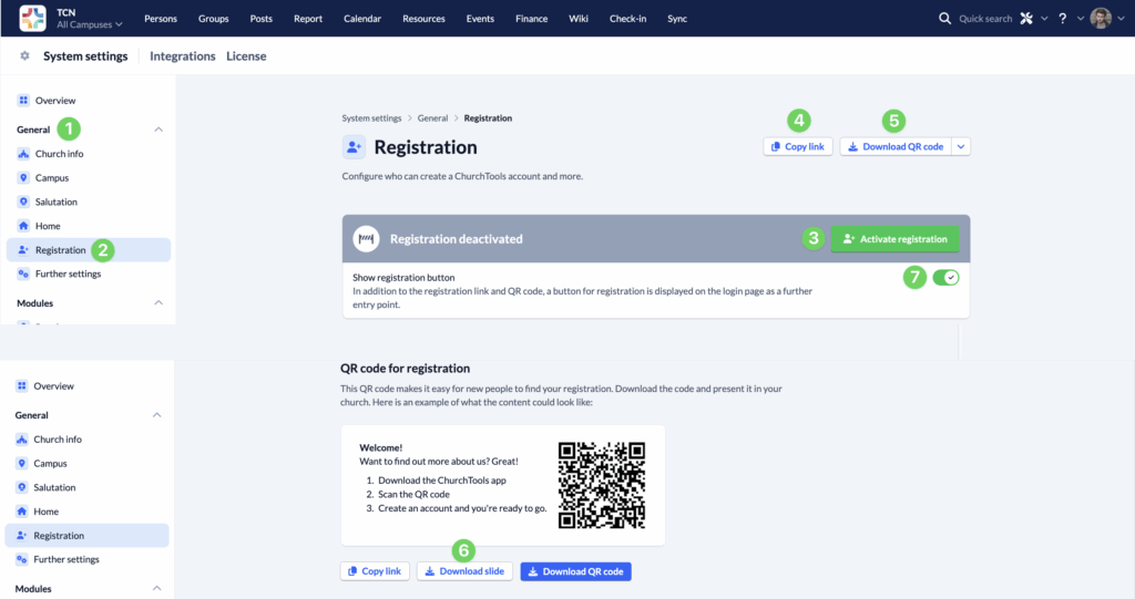 System settings - Registration