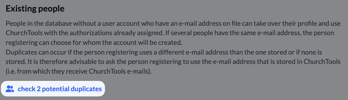 System settings - Registration - Existing people