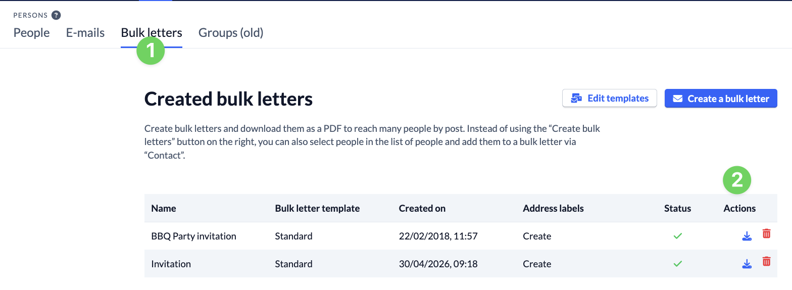 Screenshot Persons Bulk letters Actions
