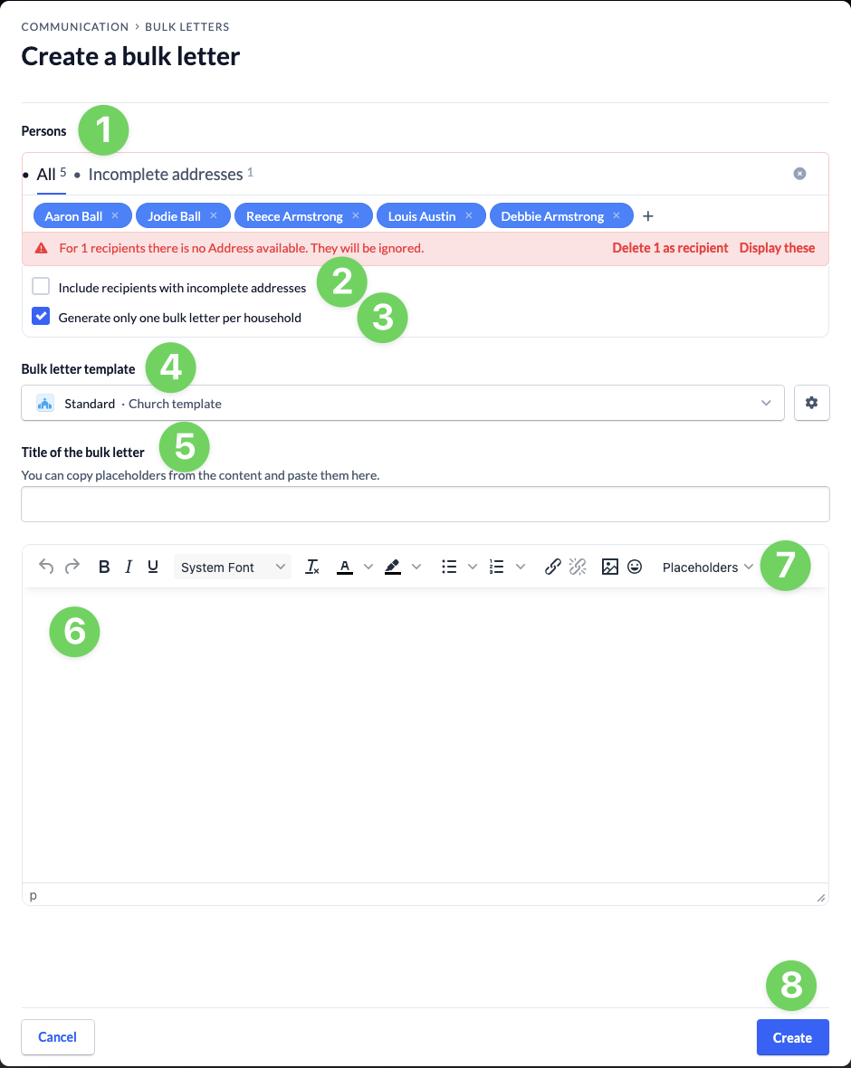 Screenshot Persons Create a bulk letter