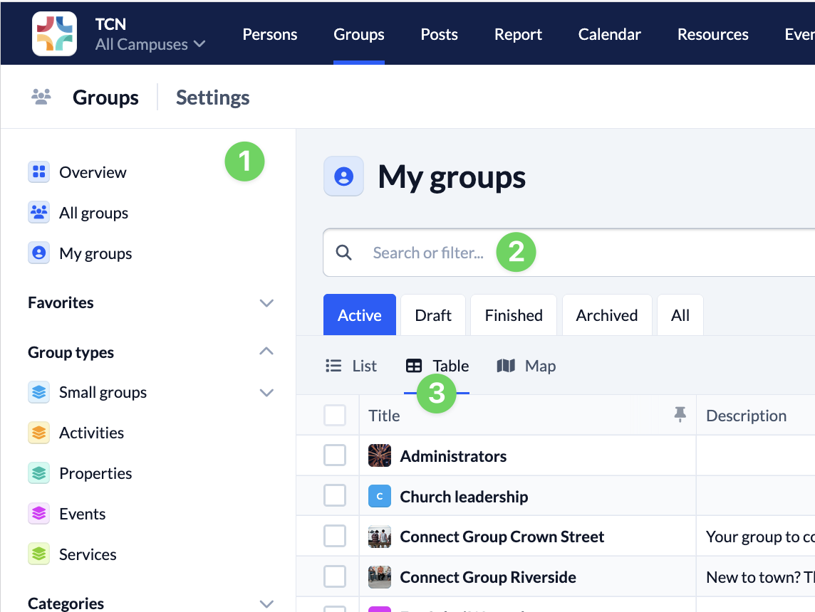 Screenshot Call up group table in group module