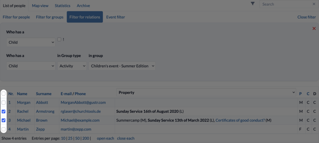 Screenshot Persons More filter Filter for relations