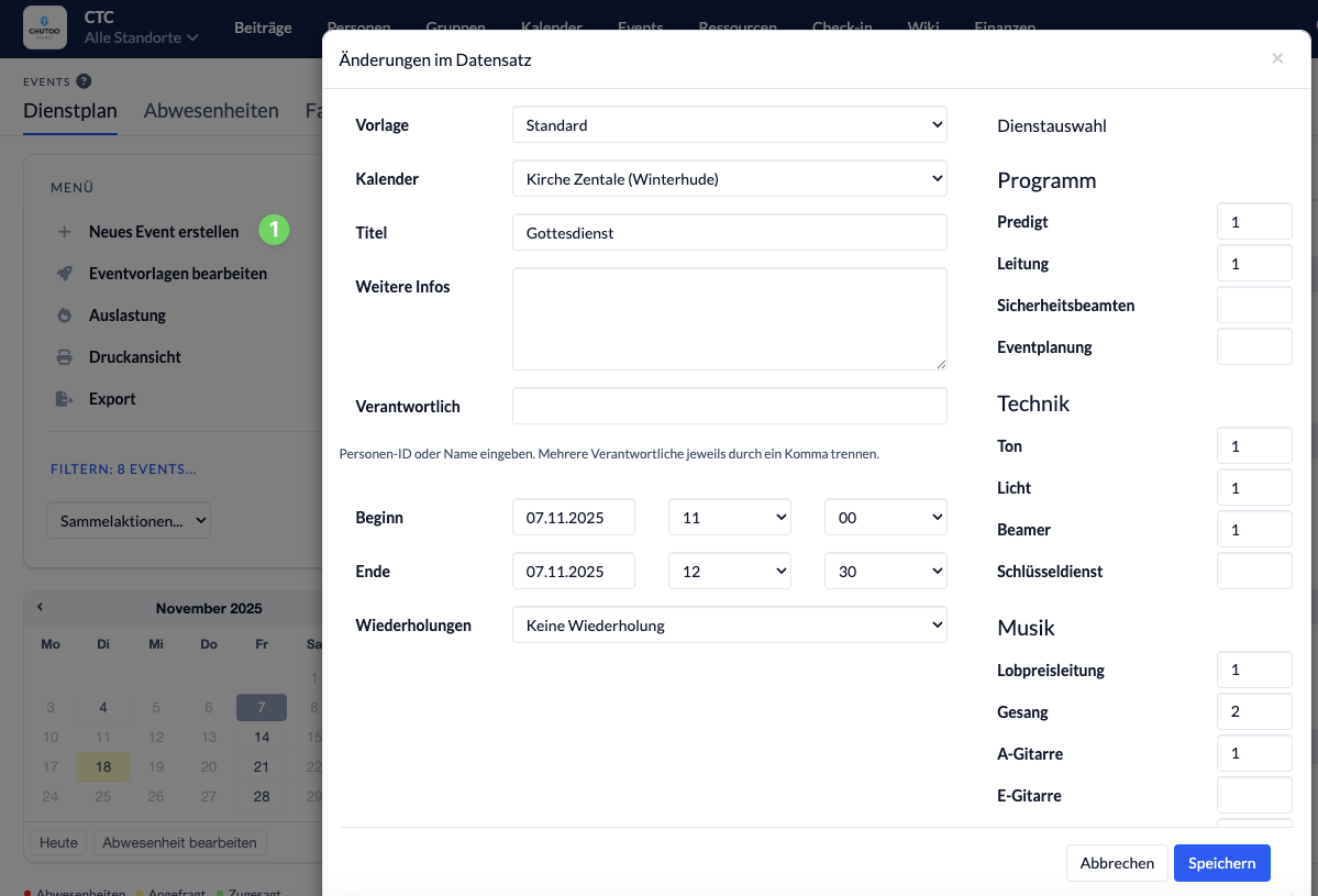 Screenshot: Create a New Event
