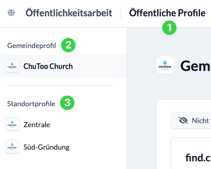 Screenshot Öffentliche Profile, Gemeindeprofil und Standortprofile