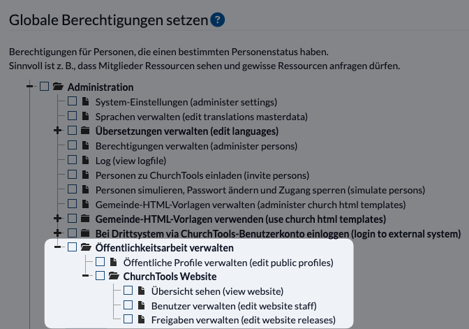 Screenshot Berechtigungen "Öffentlichkeitsarbeit verwalten"