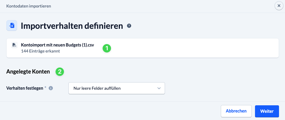 Screenshot Dialogfenster Importverhalten für den Kontenimport definieren