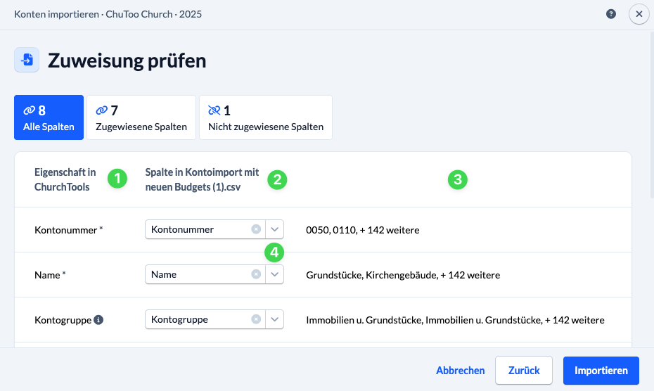 Screenshot Zuweisung beim Kontenimport prüfen