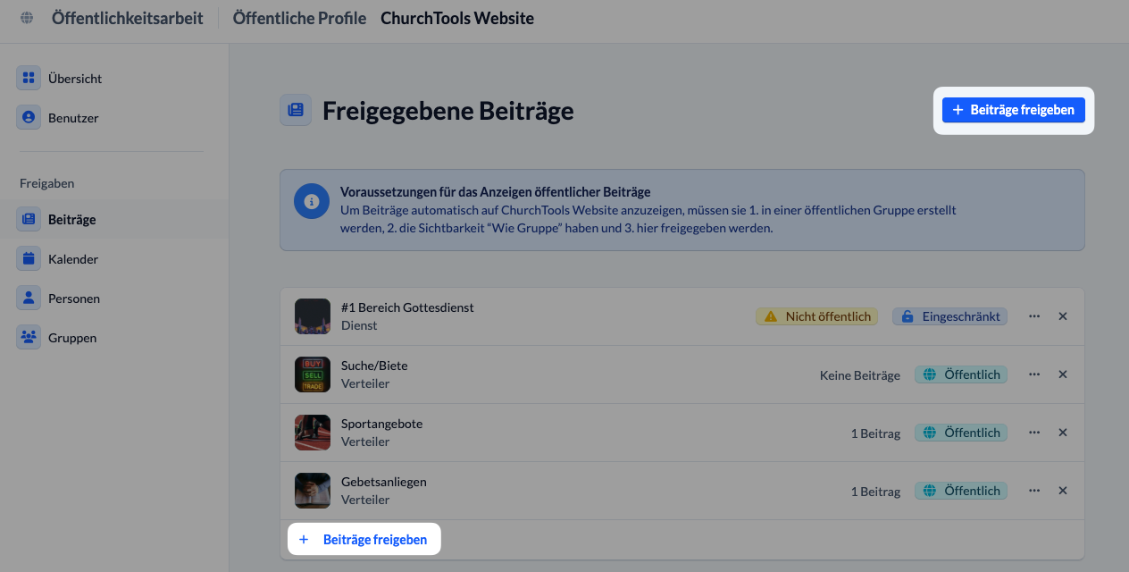 Screenshot Beiträge hinzufügen, unter Beiträge Button oben rechts "+ Beiträge hinzufügen" oder Schaltfläche unter der Beiträge-Liste "+ Beiträge hinzufügen"